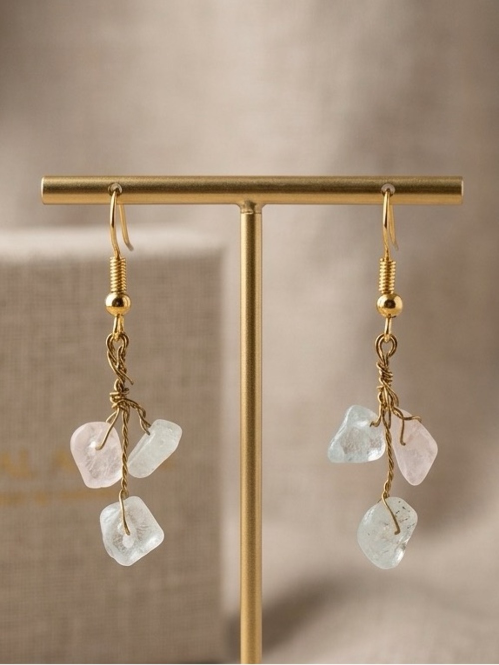 Exquisite Gold Wire Drop Earrings with Pastel Pink & Pale Blue Gem Chips